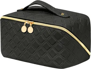 Travel Toiletry Bag - Large Capacity Open Flat Cosmetic Bag - Waterproof Portable Organizer for Travel and Daily Use - Black Bag