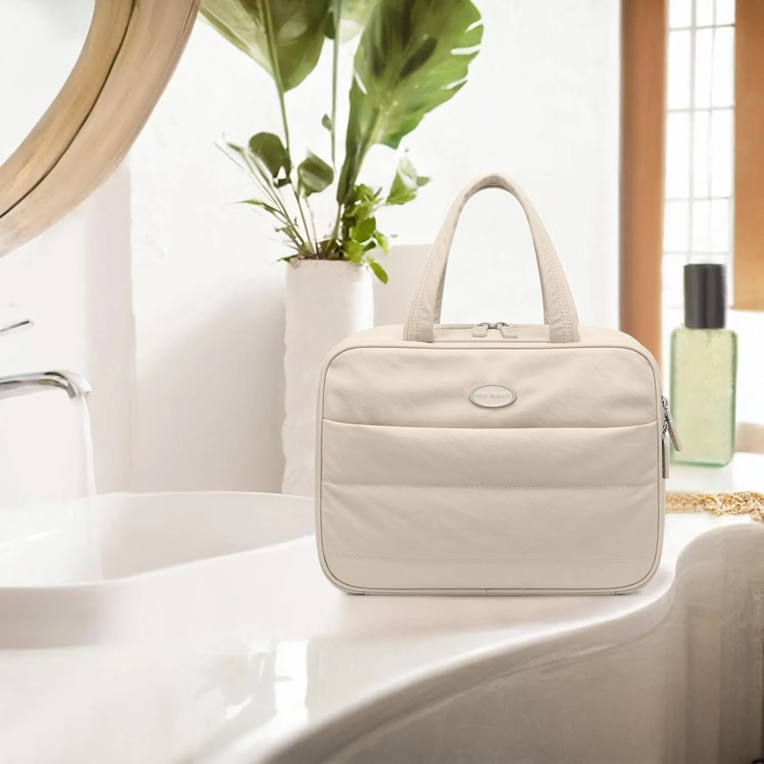 Travel Toiletry Bag,Water-resistant Makeup Cosmetic Bag with Jewelry Organizer Hanging Toiletry Bag for women Trips Camping Bathroom,Apricot
