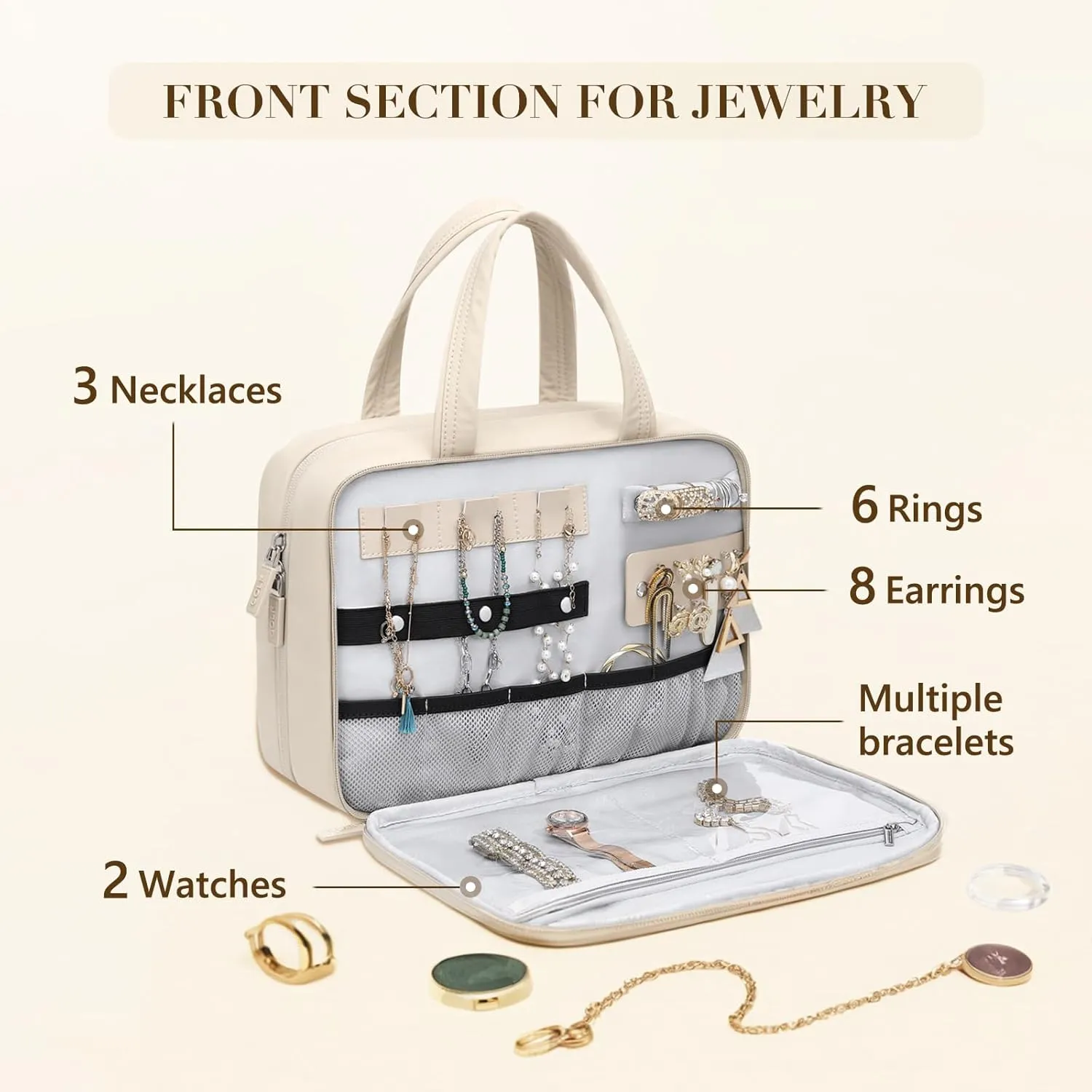 Travel Toiletry Bag,Water-resistant Makeup Cosmetic Bag with Jewelry Organizer Hanging Toiletry Bag for women Trips Camping Bathroom,Apricot