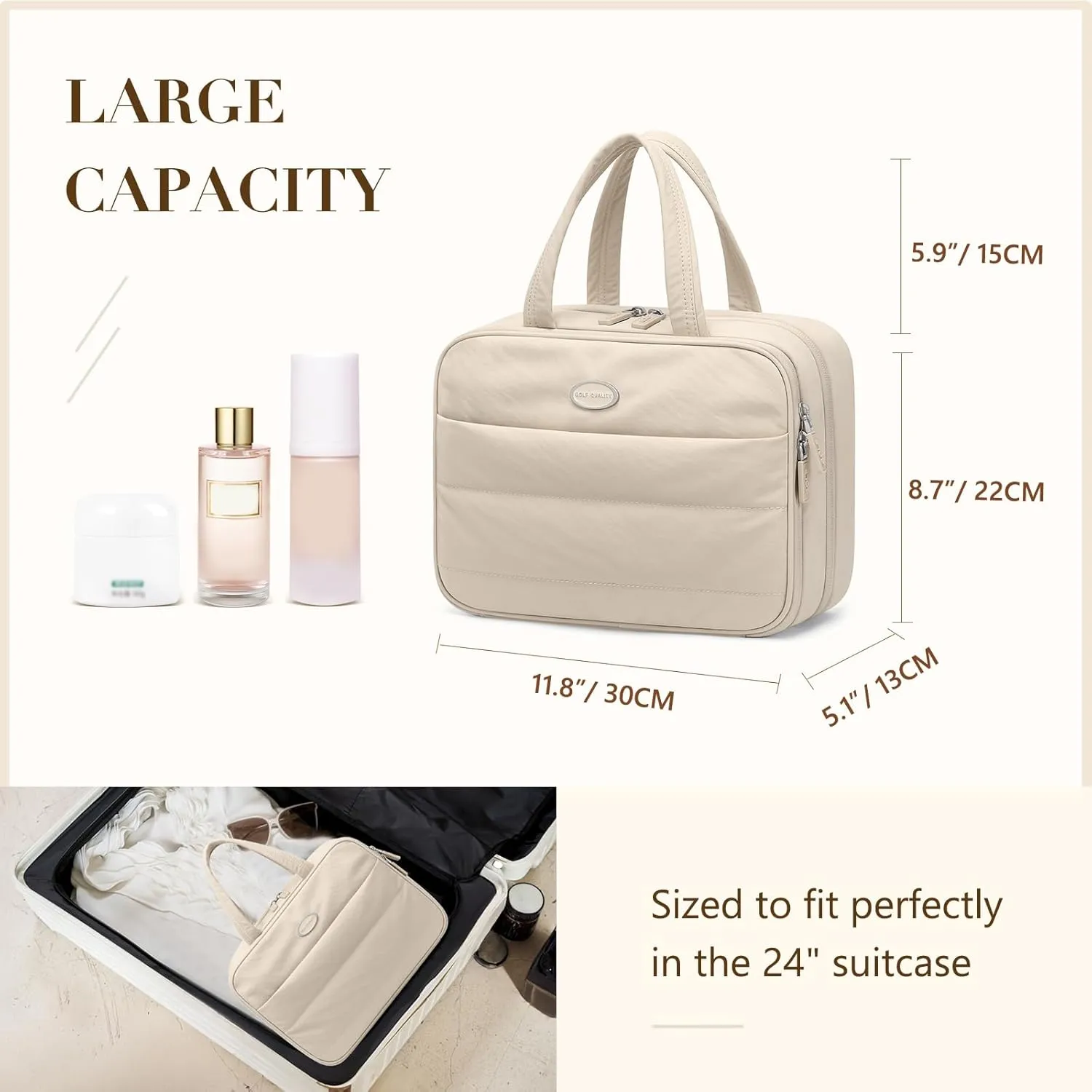 Travel Toiletry Bag,Water-resistant Makeup Cosmetic Bag with Jewelry Organizer Hanging Toiletry Bag for women Trips Camping Bathroom,Apricot