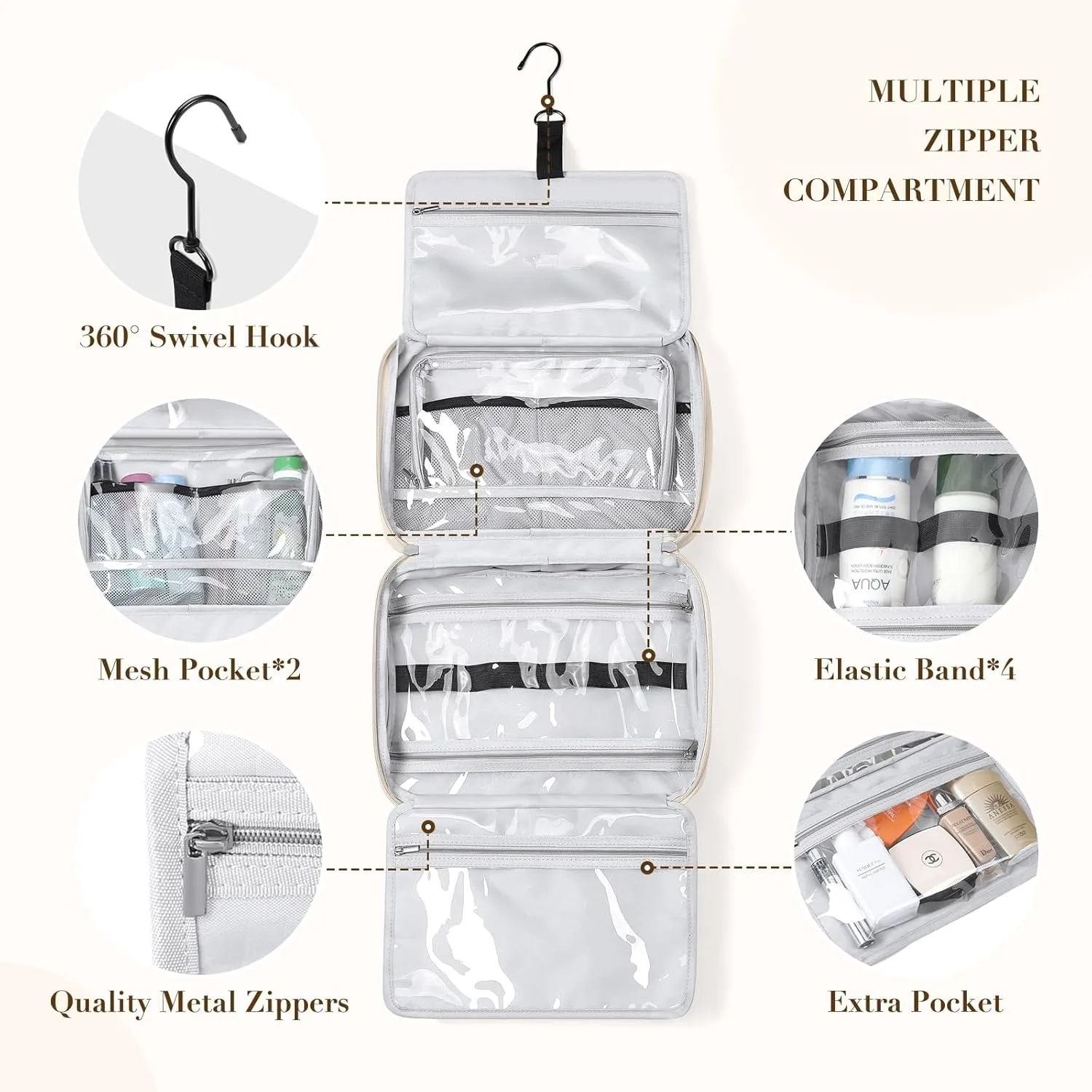 Travel Toiletry Bag,Water-resistant Makeup Cosmetic Bag with Jewelry Organizer Hanging Toiletry Bag for women Trips Camping Bathroom,Apricot