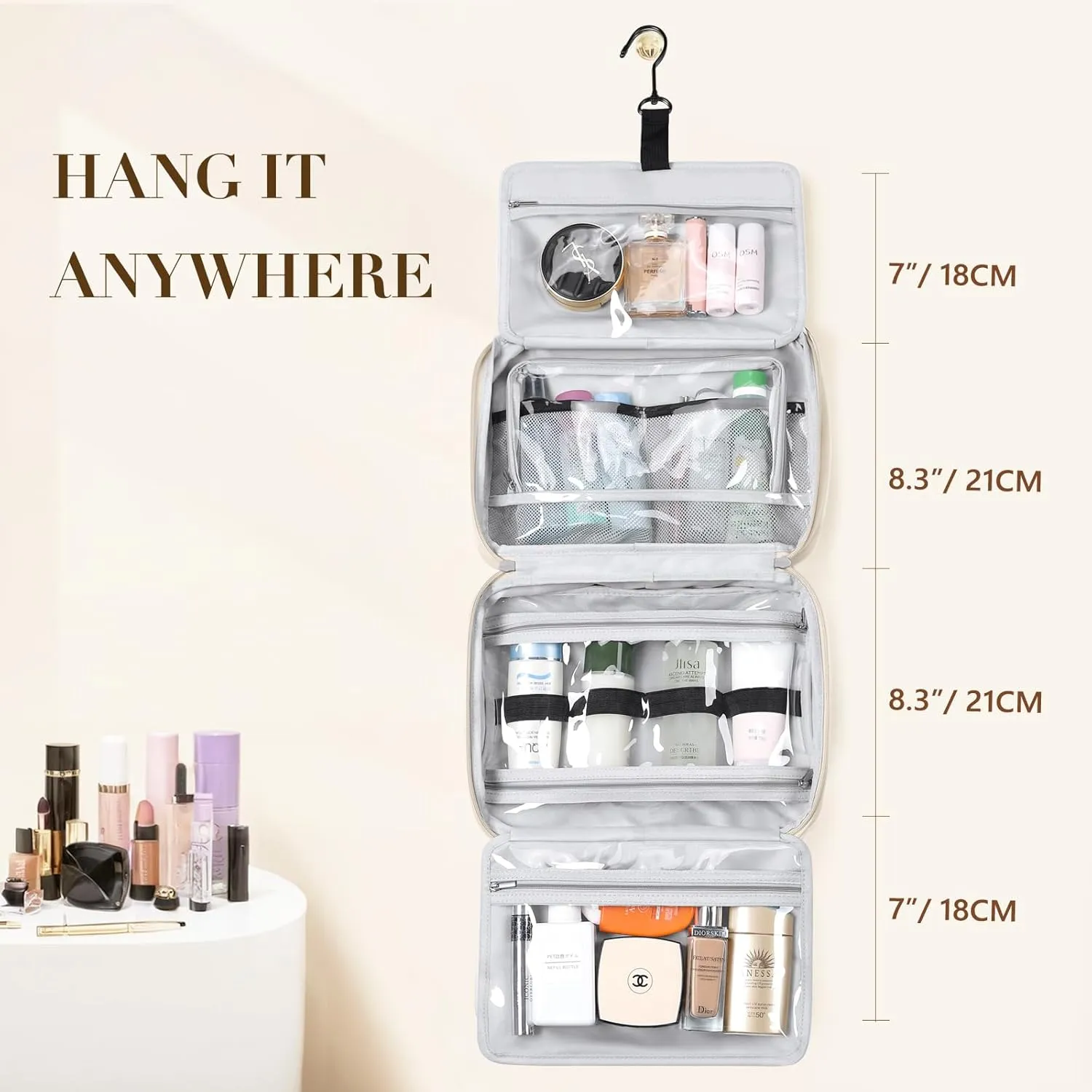 Travel Toiletry Bag,Water-resistant Makeup Cosmetic Bag with Jewelry Organizer Hanging Toiletry Bag for women Trips Camping Bathroom,Apricot