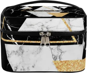 Triangle Marble Shape Makeup Bag Large Opening Cosmetic Bag Portable Makeup Case Organizer Toiletry Bags for Women Daily Traveling With Handle Grids Smooth Zipper Divider Makeup Pouch