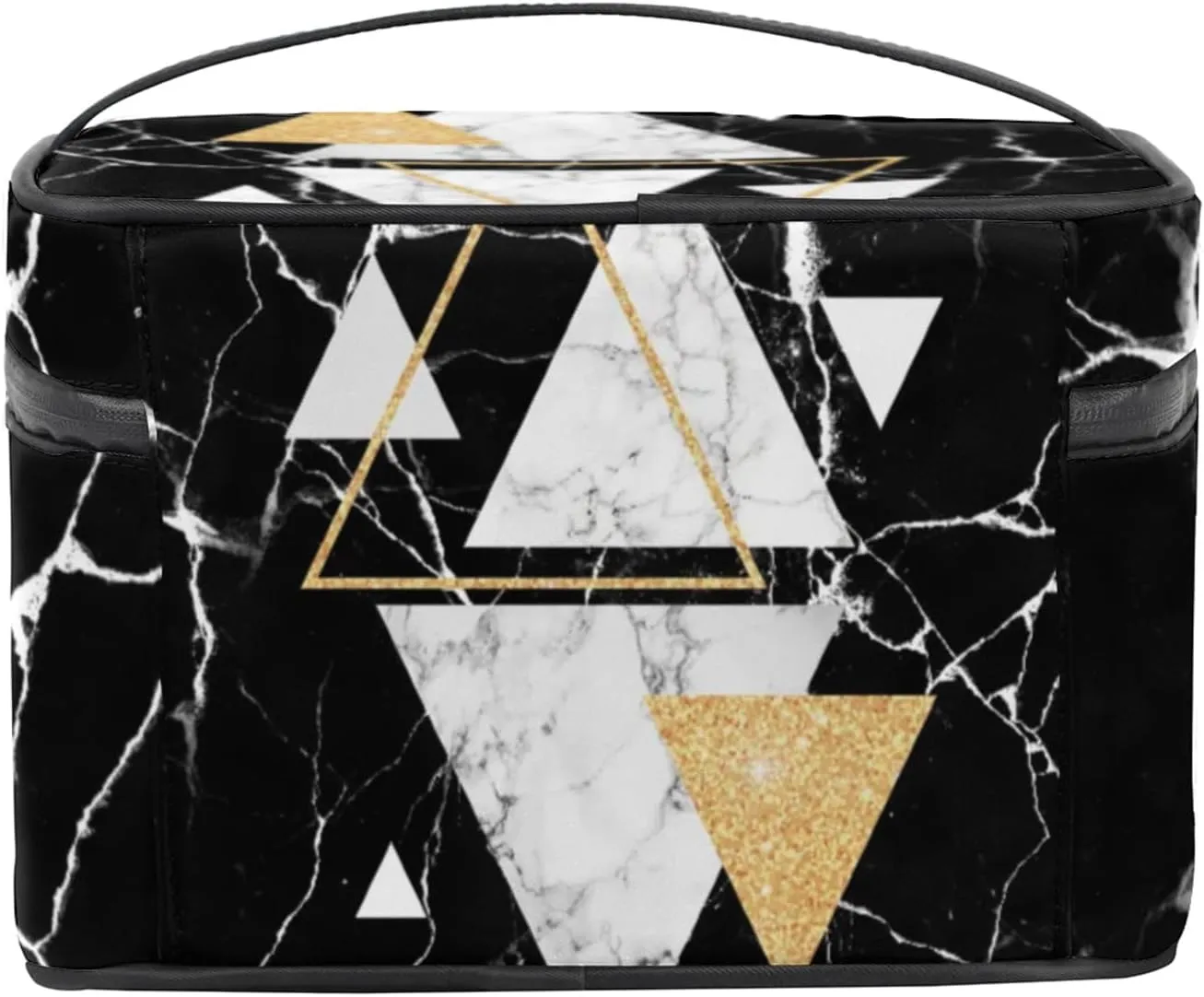 Triangle Marble Shape Makeup Bag Large Opening Cosmetic Bag Portable Makeup Case Organizer Toiletry Bags for Women Daily Traveling With Handle Grids Smooth Zipper Divider Makeup Pouch