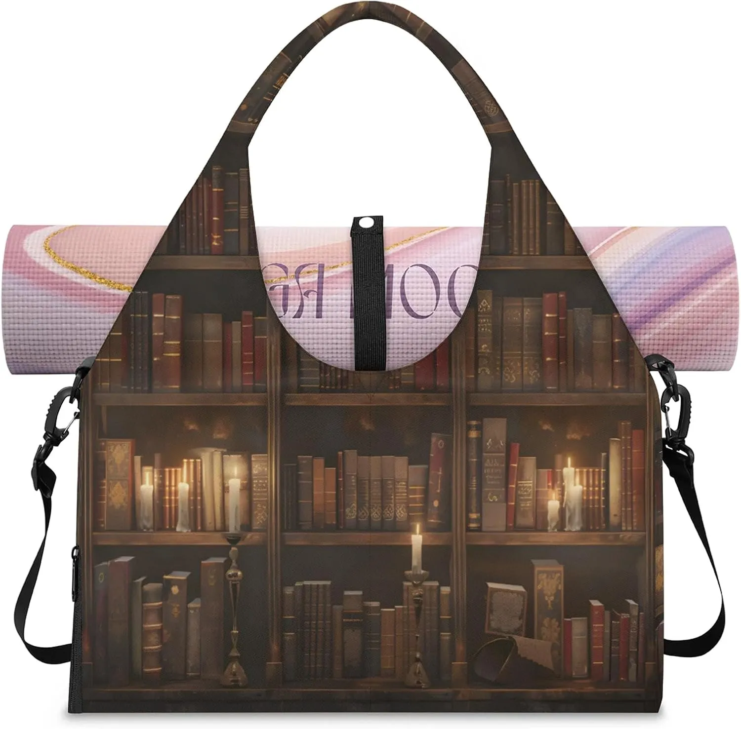 TropicalLife Library Bookshelf Yoga Gym Bags for Women with Shoes Compartment Travel Tote Duffle Bag Weekender Carry on Overnight Bags