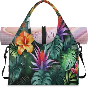 TropicalLife Tropic Palm Leaves Gym Bags for Women with Yoga Mat Holder, Yoga Tote Bag Travel Duffle Bag Workout Weekender Carry on Overnight Bags