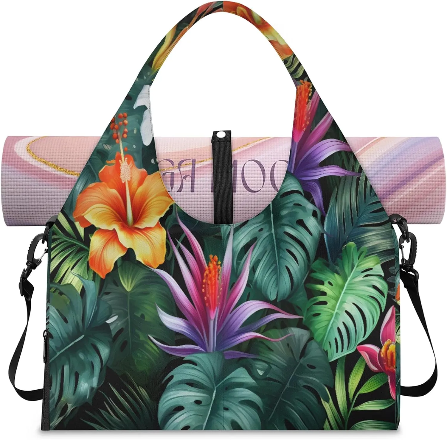 TropicalLife Tropic Palm Leaves Gym Bags for Women with Yoga Mat Holder, Yoga Tote Bag Travel Duffle Bag Workout Weekender Carry on Overnight Bags
