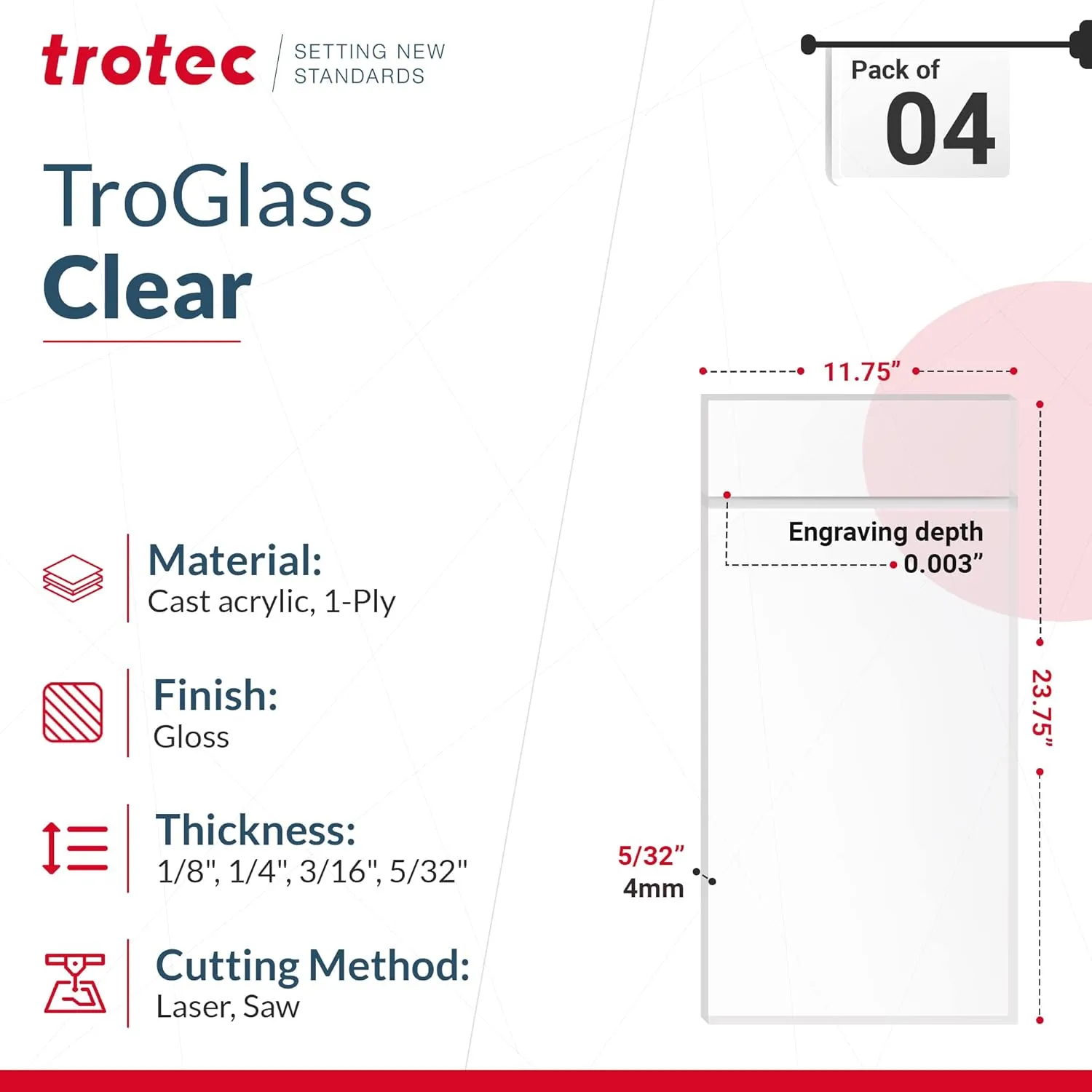 Trotec 4 Pack 23.75”x11.75 Clear Acrylic Plexiglass Sheet 5/32" Thick Cast Acrylic Sheet,3.96mm Transparent Acrylic Board - Plexi Glass Perspex Panel for Painting Shelf DIY Wedding Signs Cut to Size