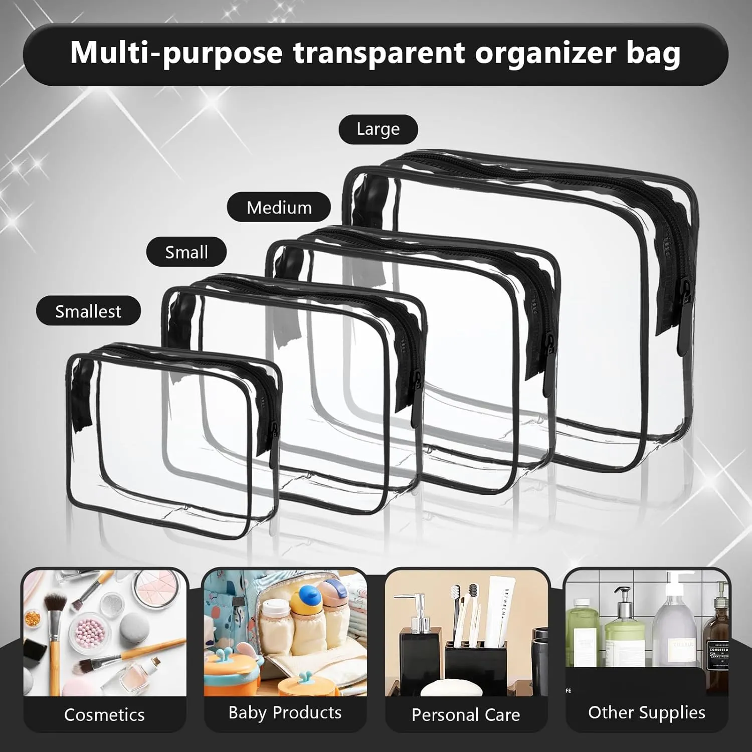 TSA-Approved Clear Cosmetic Bag, 4 Pcs Waterproof Clear Plastic Cosmetic Makeup Bags, Transparent Packing Organizer Storage Bags.Christmas Gift for Mother,Wife,Grilfriends(Black).