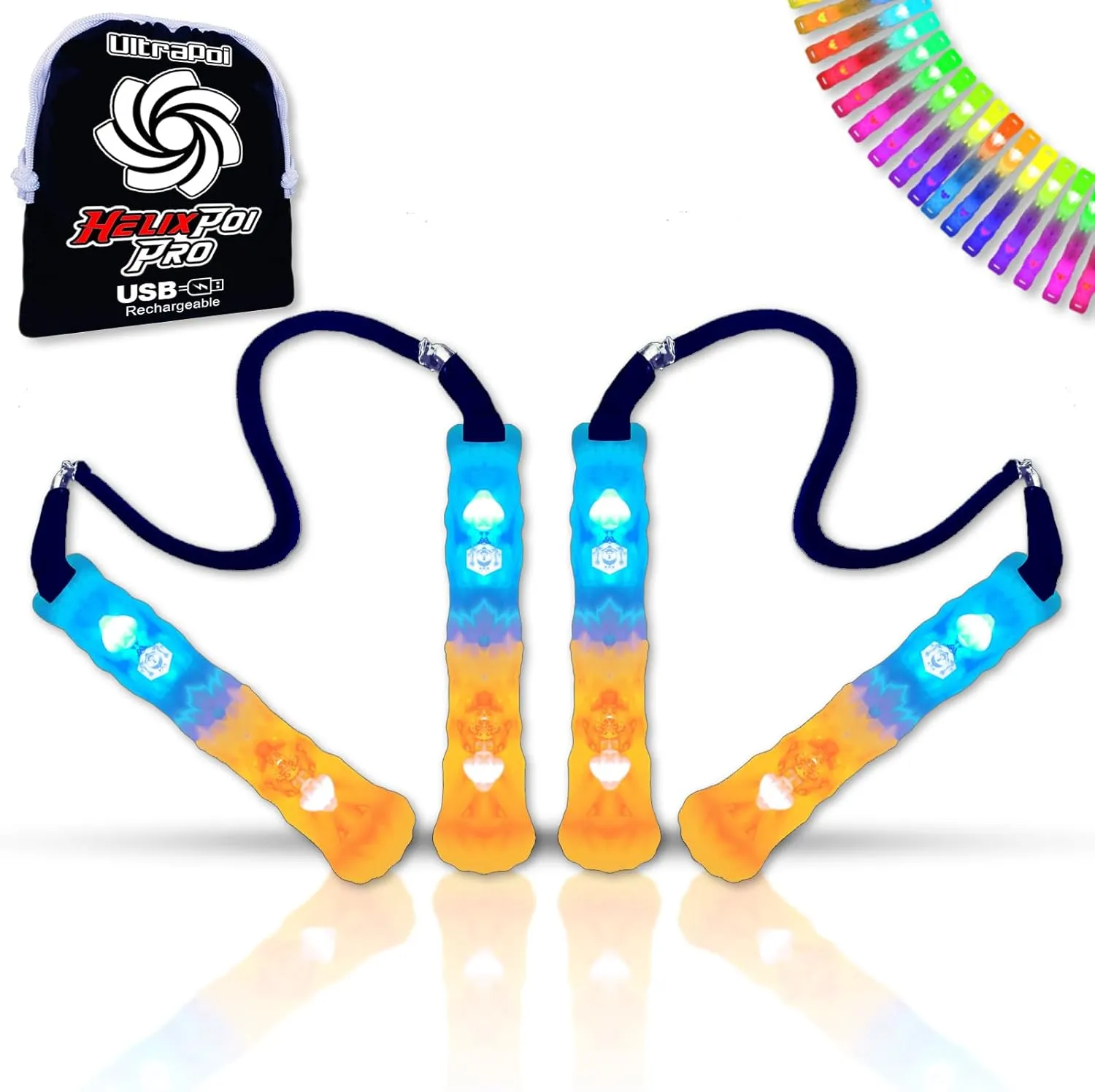 UltraPoi HelixPoi Pro Set – Rechargeable LED Poi w/ 50  Color Modes – Spinning Light Flow Toys w/Non-LED Knob Handles, Soft Cases & Adjustable Leashes – Visual Poi for Rave, Parties & Performance
