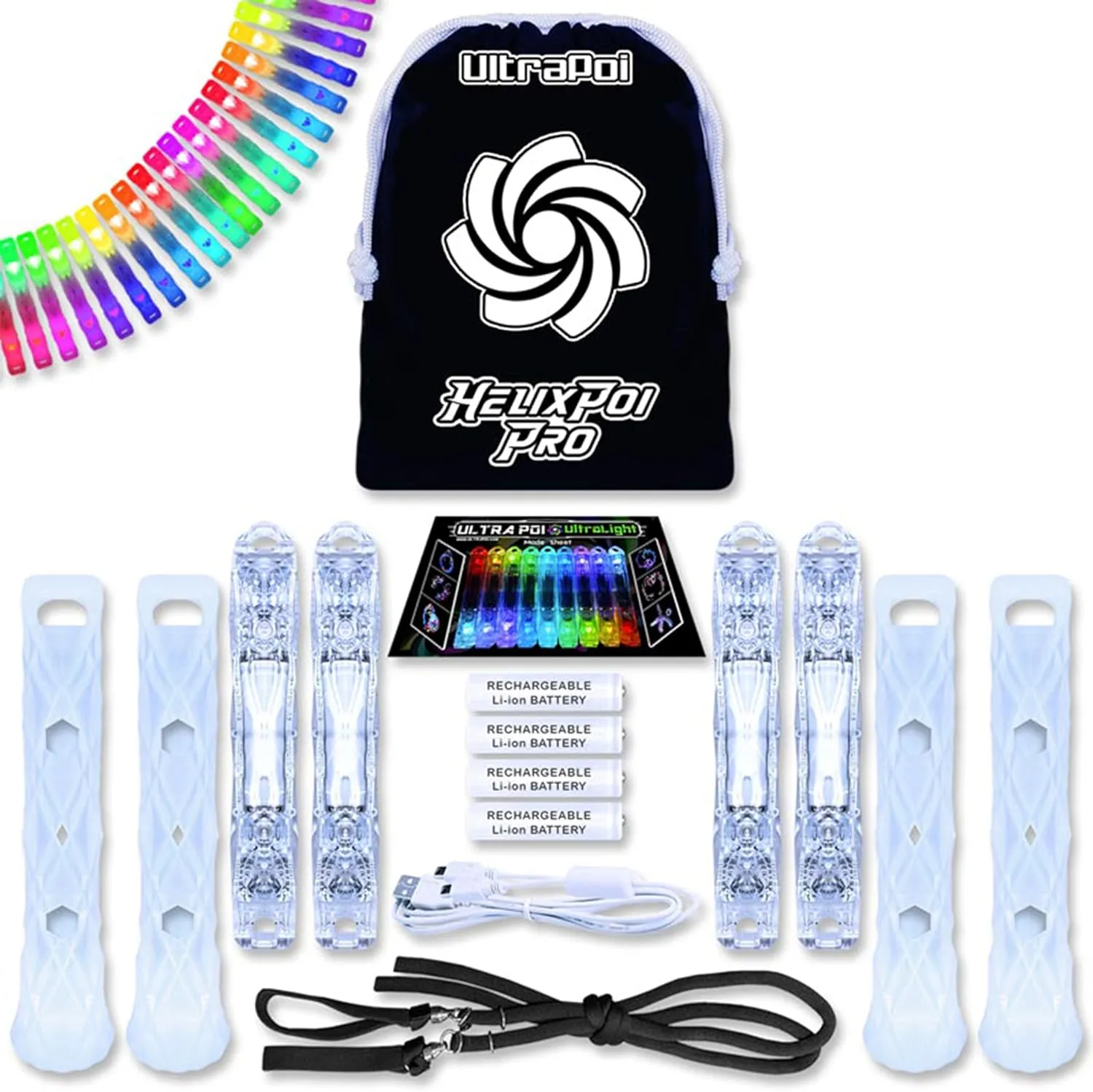 UltraPoi HelixPoi Pro Set – Rechargeable LED Poi w/ 50  Color Modes – Spinning Light Flow Toys w/Non-LED Knob Handles, Soft Cases & Adjustable Leashes – Visual Poi for Rave, Parties & Performance