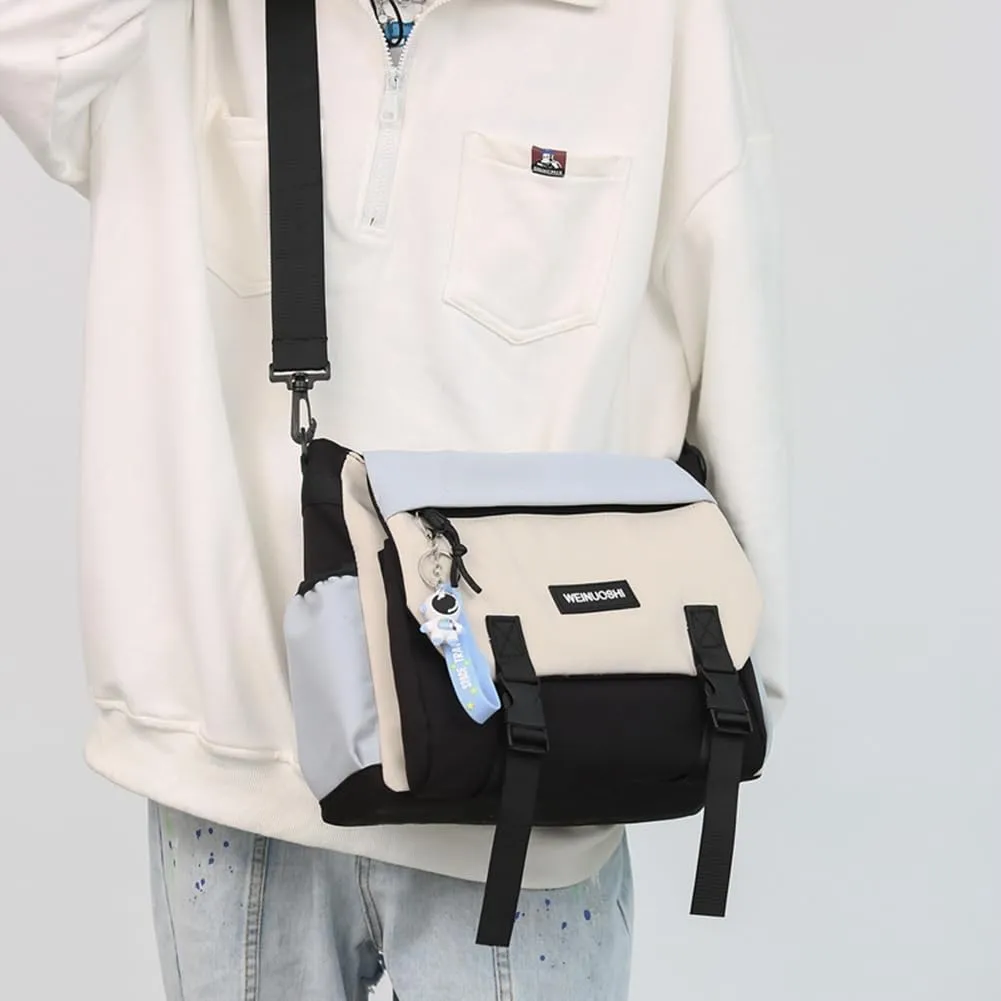 Unisex Messenger Bag Large Capacity Flap Crossbody Bag Contrast Color Nylon Satchel Bag for College Travel Busine