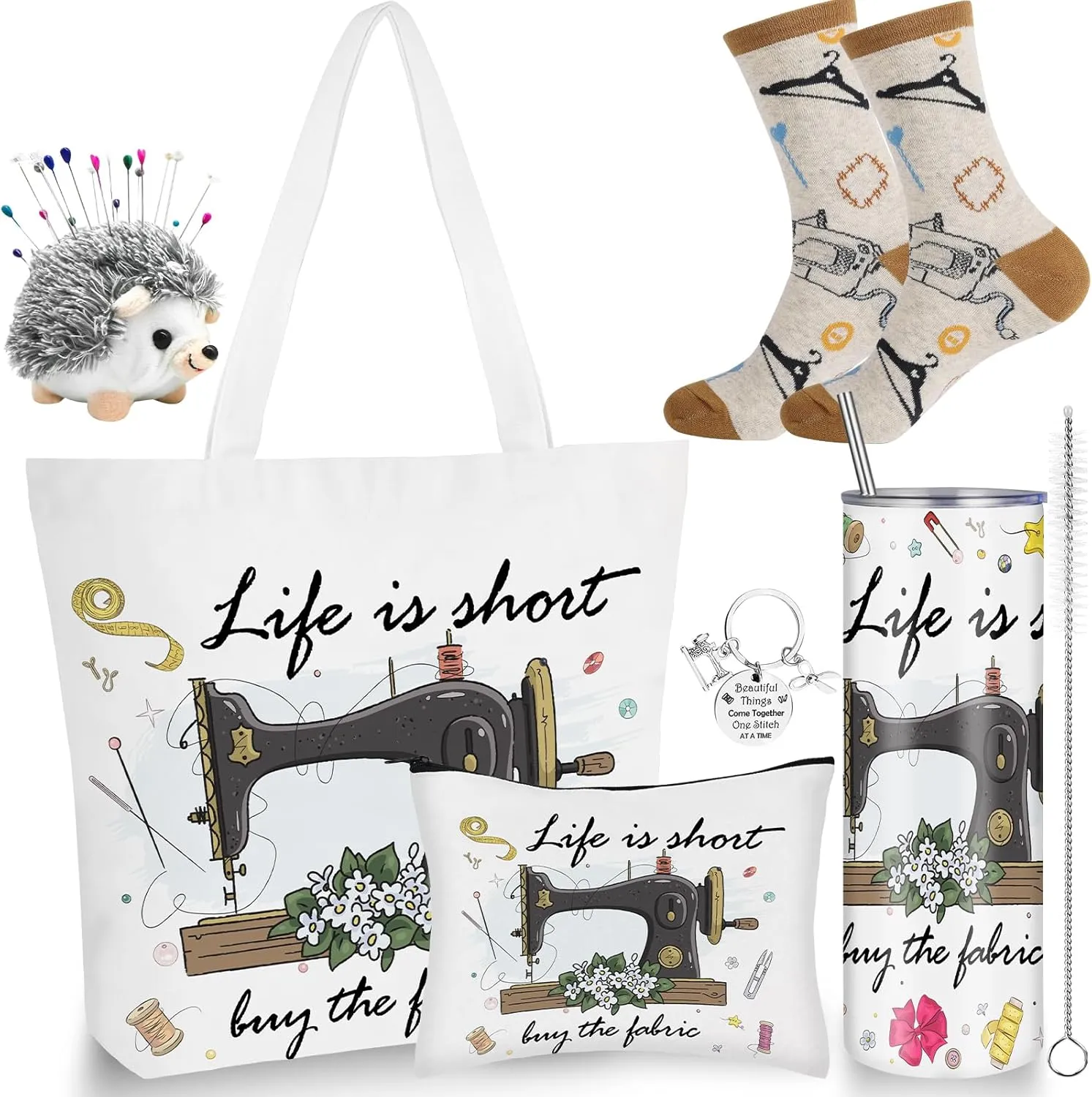 VAIPI 6 Pcs Sewing Gifts for Seamstress Quilting Gifts Stuff Include 20 oz Quilting Tumbler Tote Bag Cosmetic Bag Socks Keychain Funny Gifts for Quilters Sewing Lovers, Mother's Day Gift for Mom