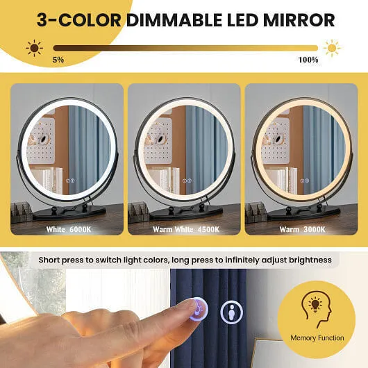 Vanity Table Set with 3-Color Lighted Mirror and Charging Station-Brown - Color: