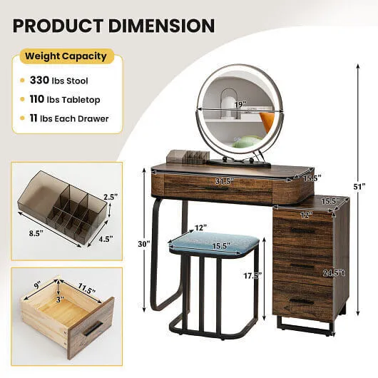 Vanity Table Set with 3-Color Lighted Mirror and Charging Station-Brown - Color: