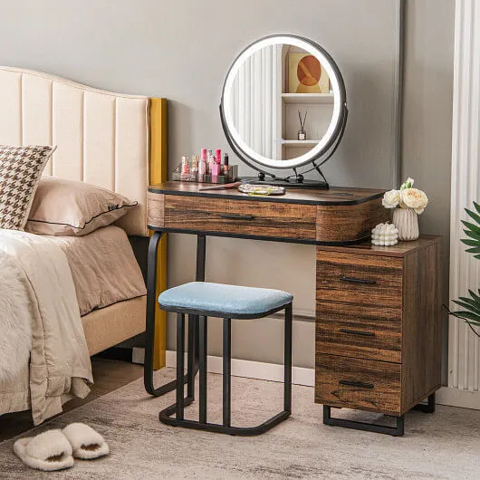 Vanity Table Set with 3-Color Lighted Mirror and Charging Station-Brown - Color: