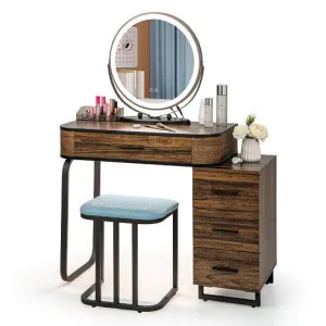 Vanity Table Set with 3-Color Lighted Mirror and Charging Station-Brown - Color: