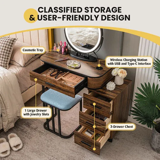 Vanity Table Set with 3-Color Lighted Mirror and Charging Station-Brown - Color: