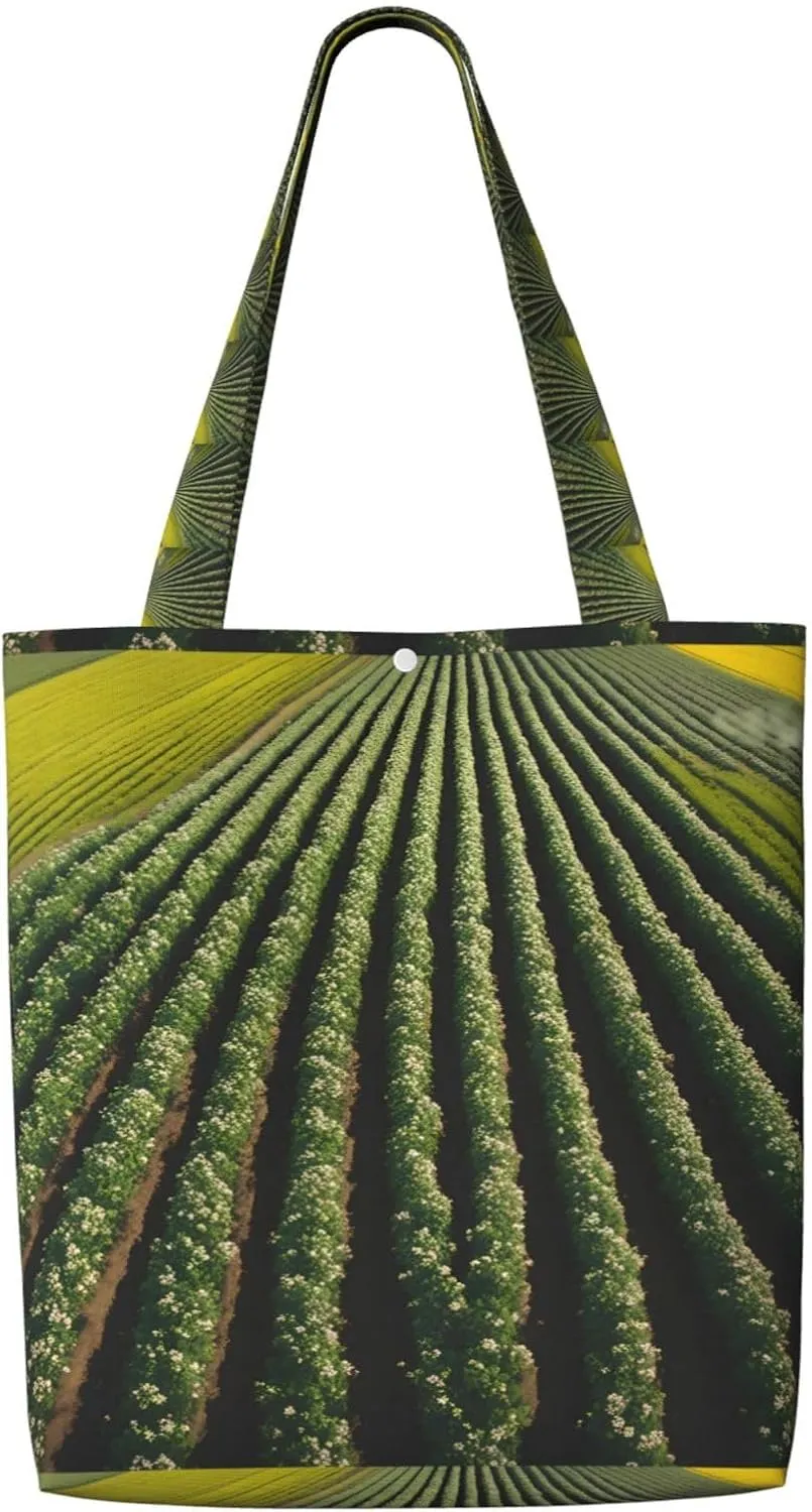 Vast Farmland Reusable Canvas Shoulder Shopping Bag With Four Closure Buckle Tote Storage Bag