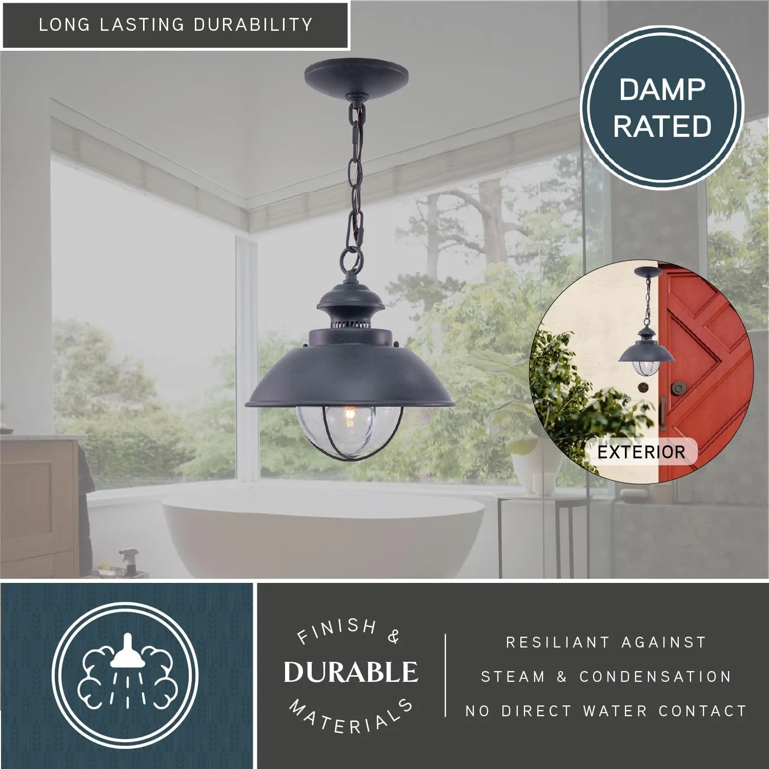VAXCEL Harwich 1 Light Gray Coastal Outdoor Barn Dome Pendant Clear Glass