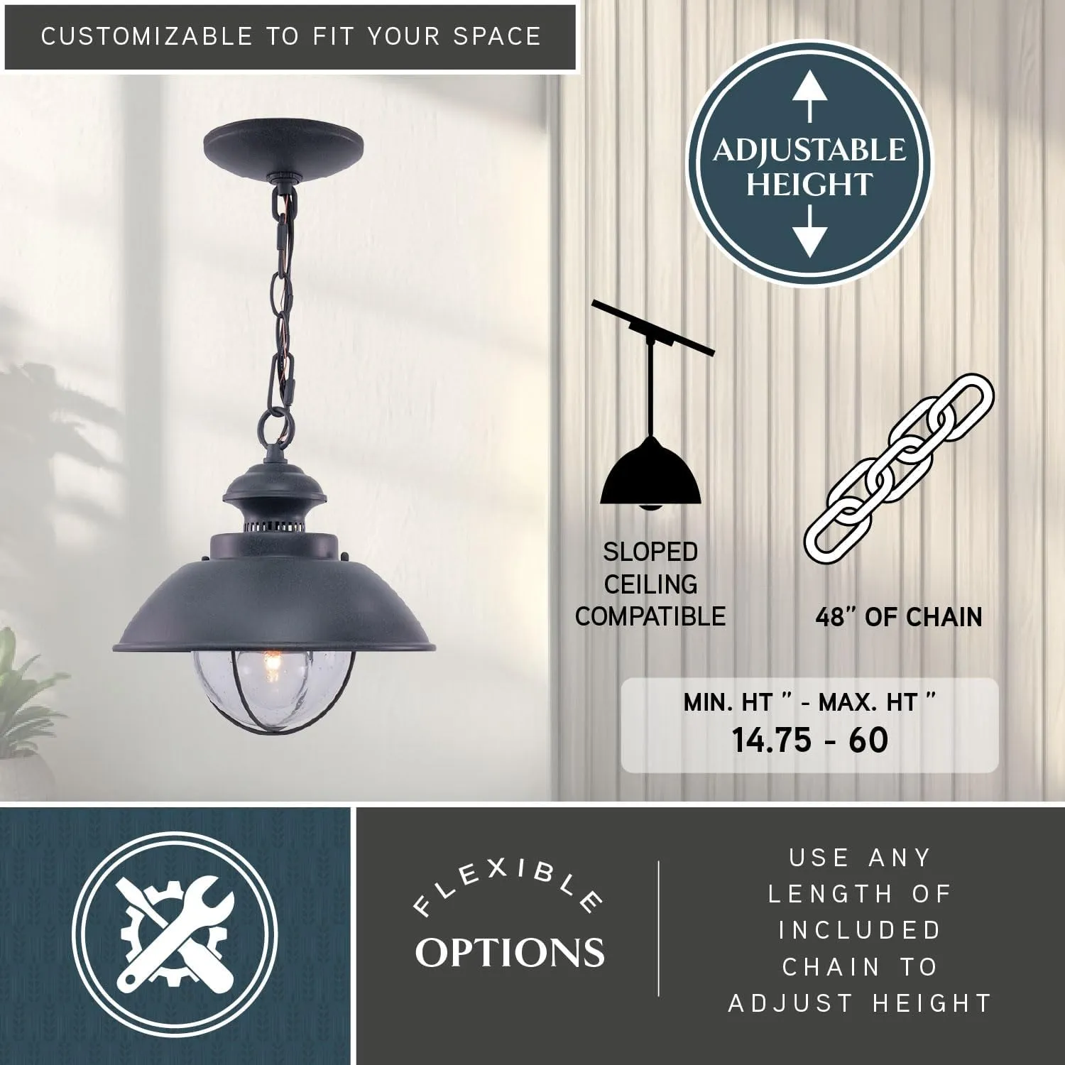 VAXCEL Harwich 1 Light Gray Coastal Outdoor Barn Dome Pendant Clear Glass