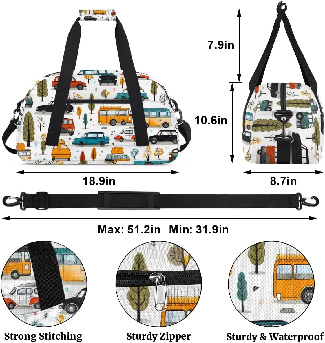 Vehicle Kids Duffle Bag, Overnight Weekender Bag Travel Duffle Bag Carry-On Tote for Swim Sport Gym Bag for Boys Girls