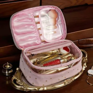 Velvet Cosmetic Pouch   Waterproof Clear Makeup Bag 2pc Set | Showerproof Travel Organizer with Golden Star Charm | Women's Toiletry Bag for Cosmetics & Skincare