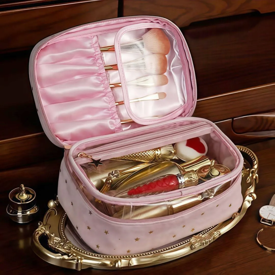 Velvet Cosmetic Pouch   Waterproof Clear Makeup Bag 2pc Set | Showerproof Travel Organizer with Golden Star Charm | Women's Toiletry Bag for Cosmetics & Skincare