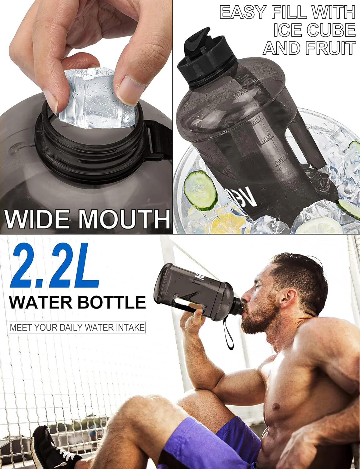 VENNERLI Half Gallon Water Bottle 2.2L Large Sports Water Bottle with Handle 74oz BPA-free Reusable Plastic Water Jugs Leakproof Hydro Bottle for Gym Yoga Travel Camping Cycling Outdoor Sports