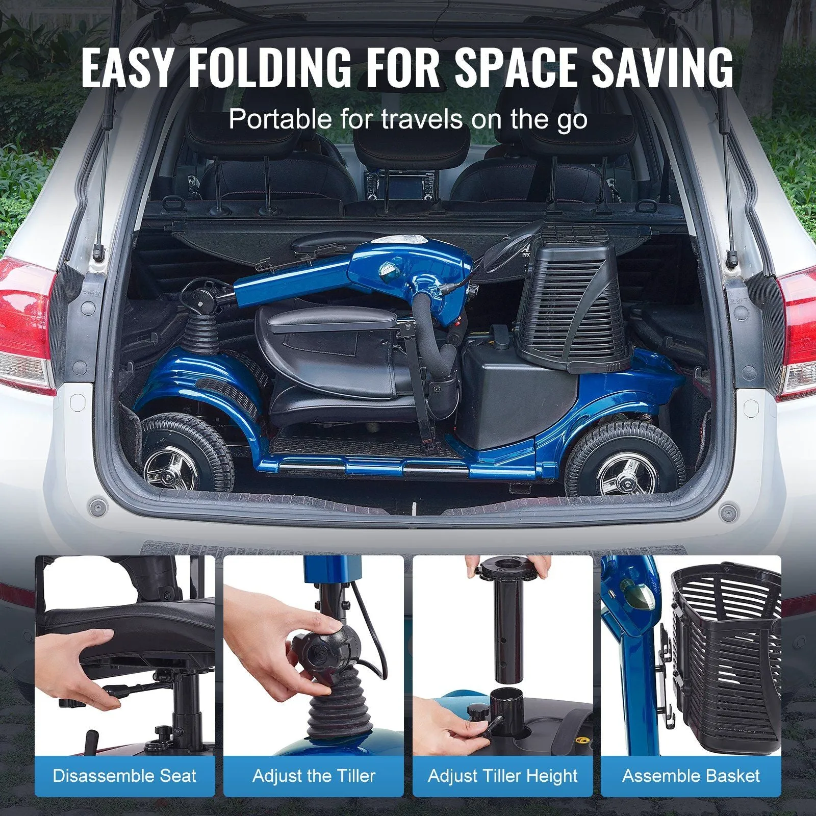 VEVOR Heavy-Duty 4 Wheel Mobility Scooter for Adults & Seniors - Folding Electric Powered Mobility Scooter & 12 Mile Long Range, All Terrain Travel Scooter with 9° Climbing Capacity, 265lb Capacity