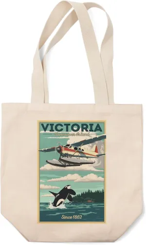 Victoria, Vancouver Island, Painterly, Float Plane and Orca (100% Cotton Canvas Reusable Tote Bag)