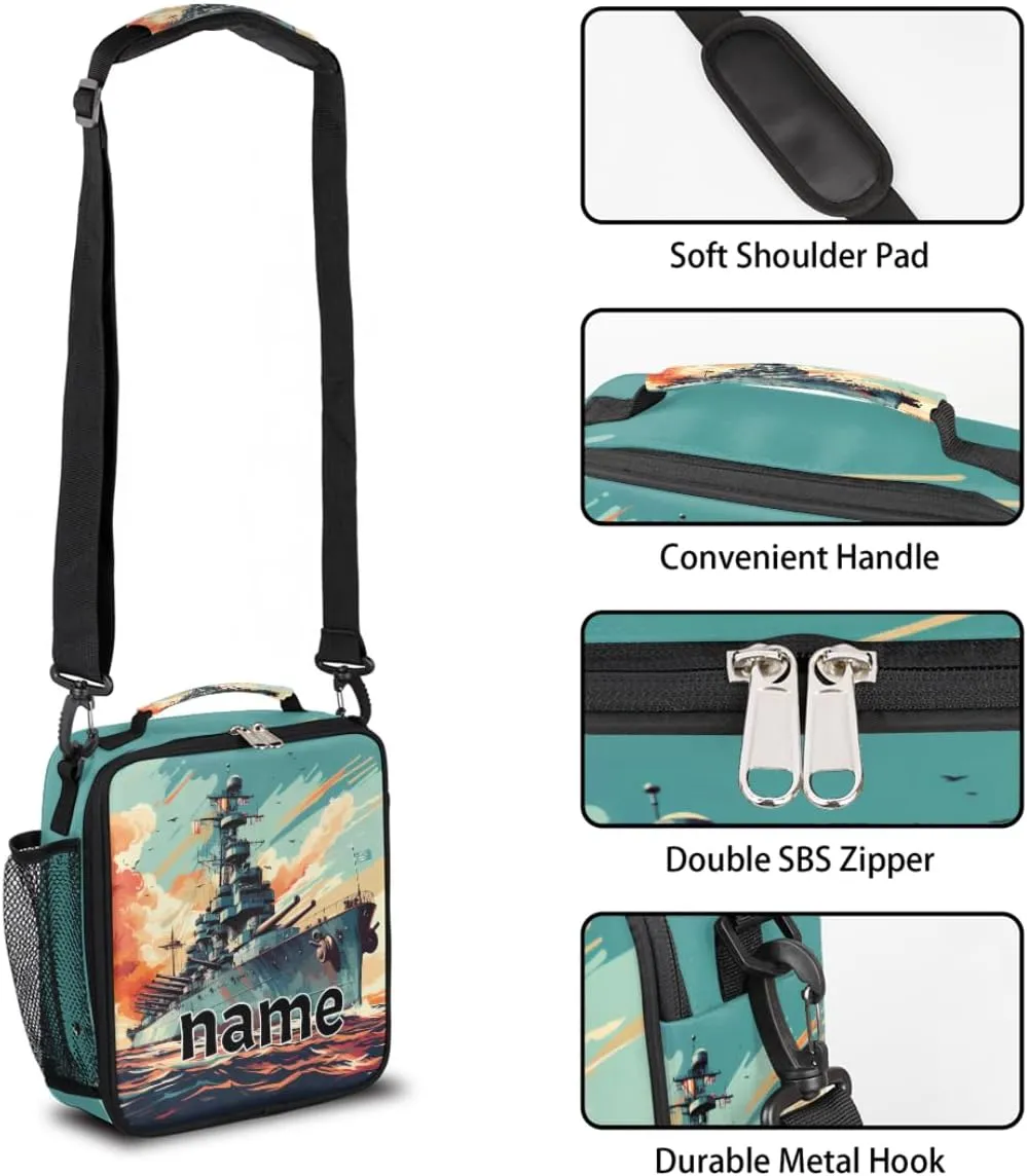 Vintage Missouri Battleship Custom Kids Lunch Bag, Personalized Lunch Box Reusable Leakproof Insulated Lunch Bag for Boys Girls Thermal Cooler Lunch Tote with Removable Shoulder Strap for School