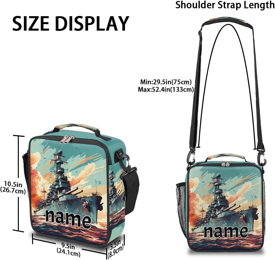 Vintage Missouri Battleship Custom Kids Lunch Bag, Personalized Lunch Box Reusable Leakproof Insulated Lunch Bag for Boys Girls Thermal Cooler Lunch Tote with Removable Shoulder Strap for School