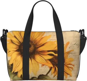 Vintage Sunflower Bee Travel Bag, Retro Newspaper Weekender Overnight Bag, Shoulder Travel Duffel Bag Carry On Gym Bag for Women Men