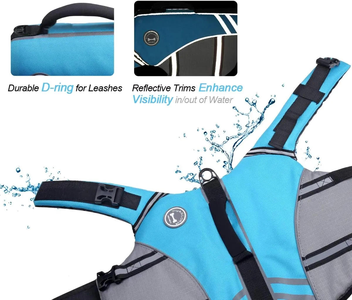 VIVAGLORY Sports Style Dog Life Jacket with Adjustable & Durable, Extra Flotation Swim Life Vest with Secure Fastening System for Medium Dogs, Blue