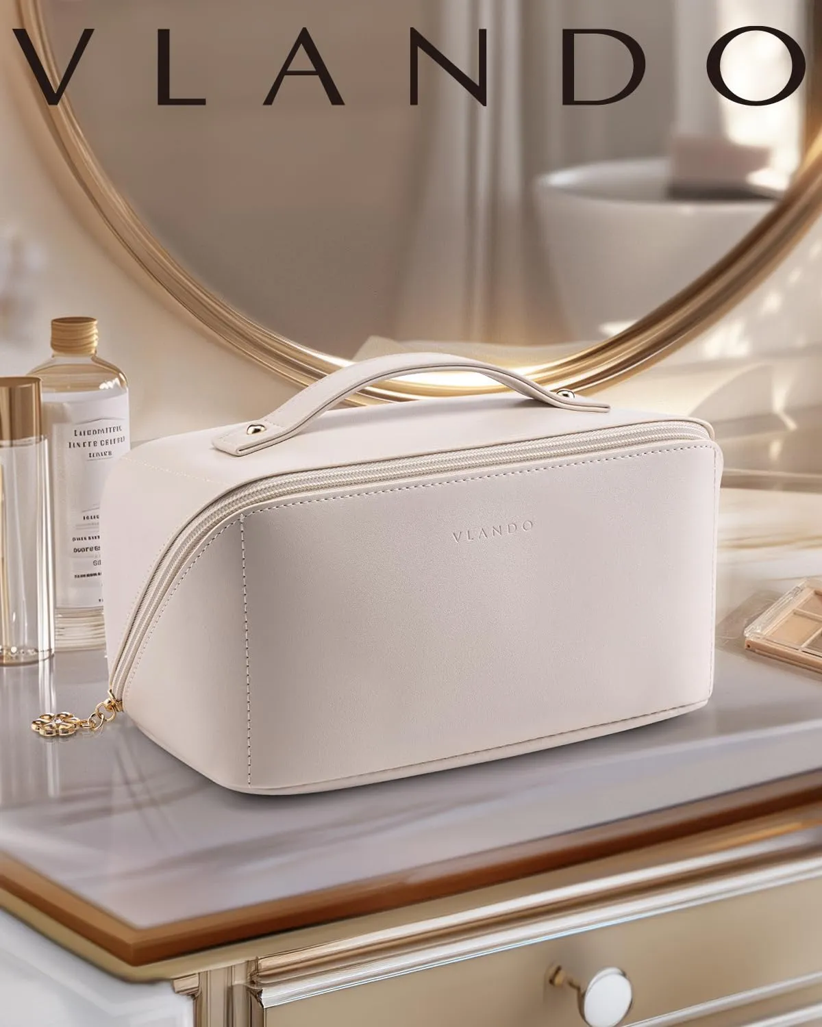 Vlando Travel Makeup Bag, Gifts for Mom Teachers,Make up Bag Travel Toiletry Bag for Women Open Flat Makeup Organizer with Divider and Handle-White