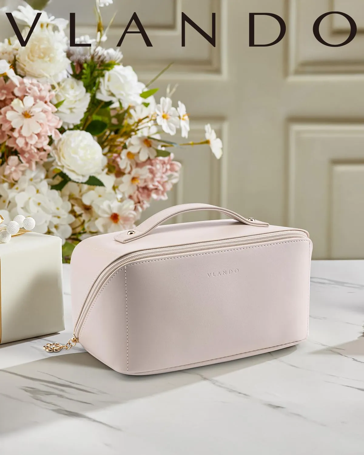 Vlando Travel Makeup Bag, Gifts for Mom Teachers,Make up Bag Travel Toiletry Bag for Women Open Flat Makeup Organizer with Divider and Handle-White