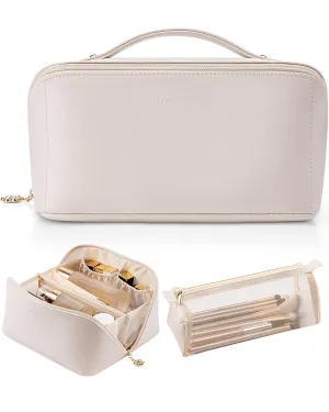 Vlando Travel Makeup Bag, Gifts for Mom Teachers,Make up Bag Travel Toiletry Bag for Women Open Flat Makeup Organizer with Divider and Handle-White