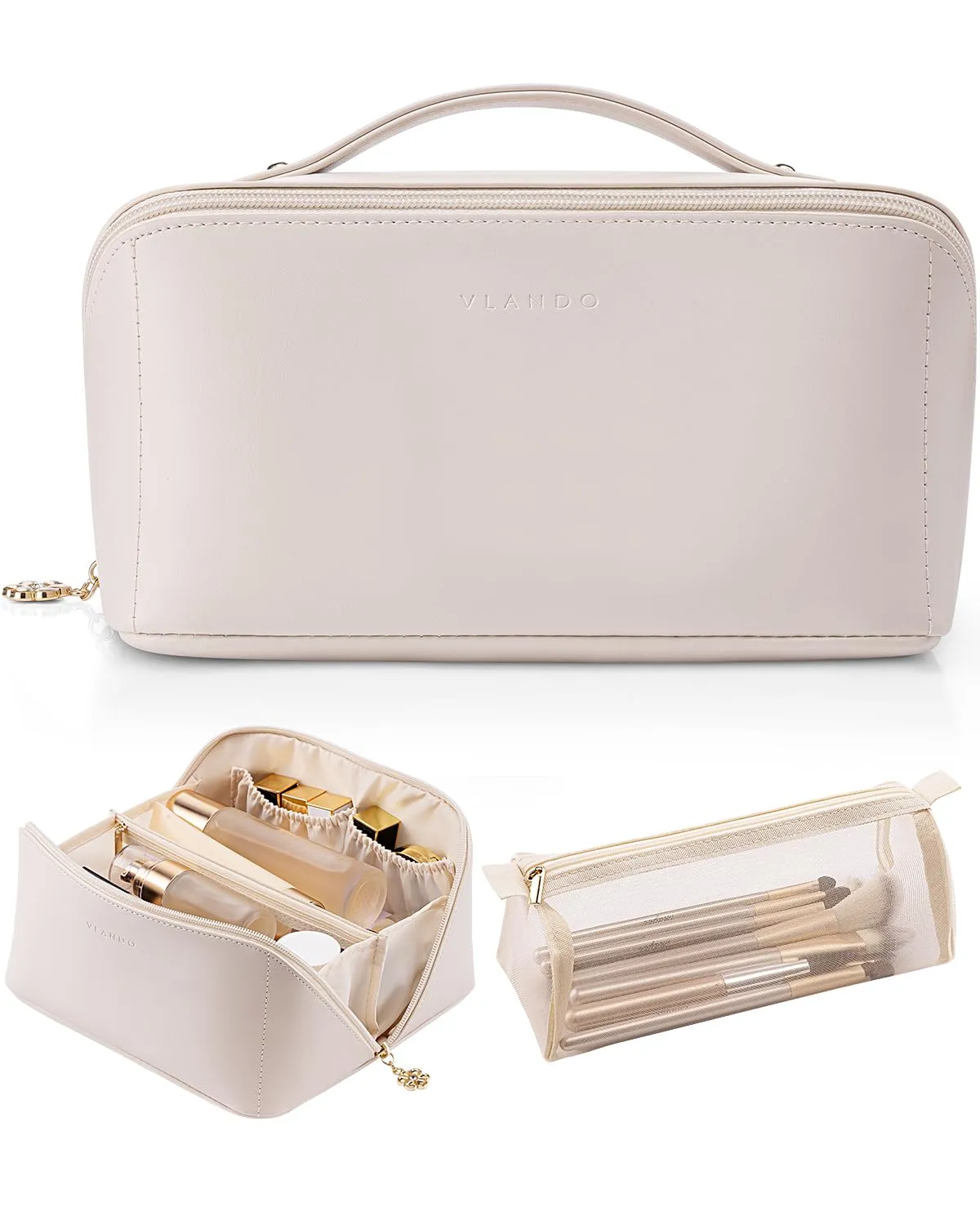 Vlando Travel Makeup Bag, Gifts for Mom Teachers,Make up Bag Travel Toiletry Bag for Women Open Flat Makeup Organizer with Divider and Handle-White