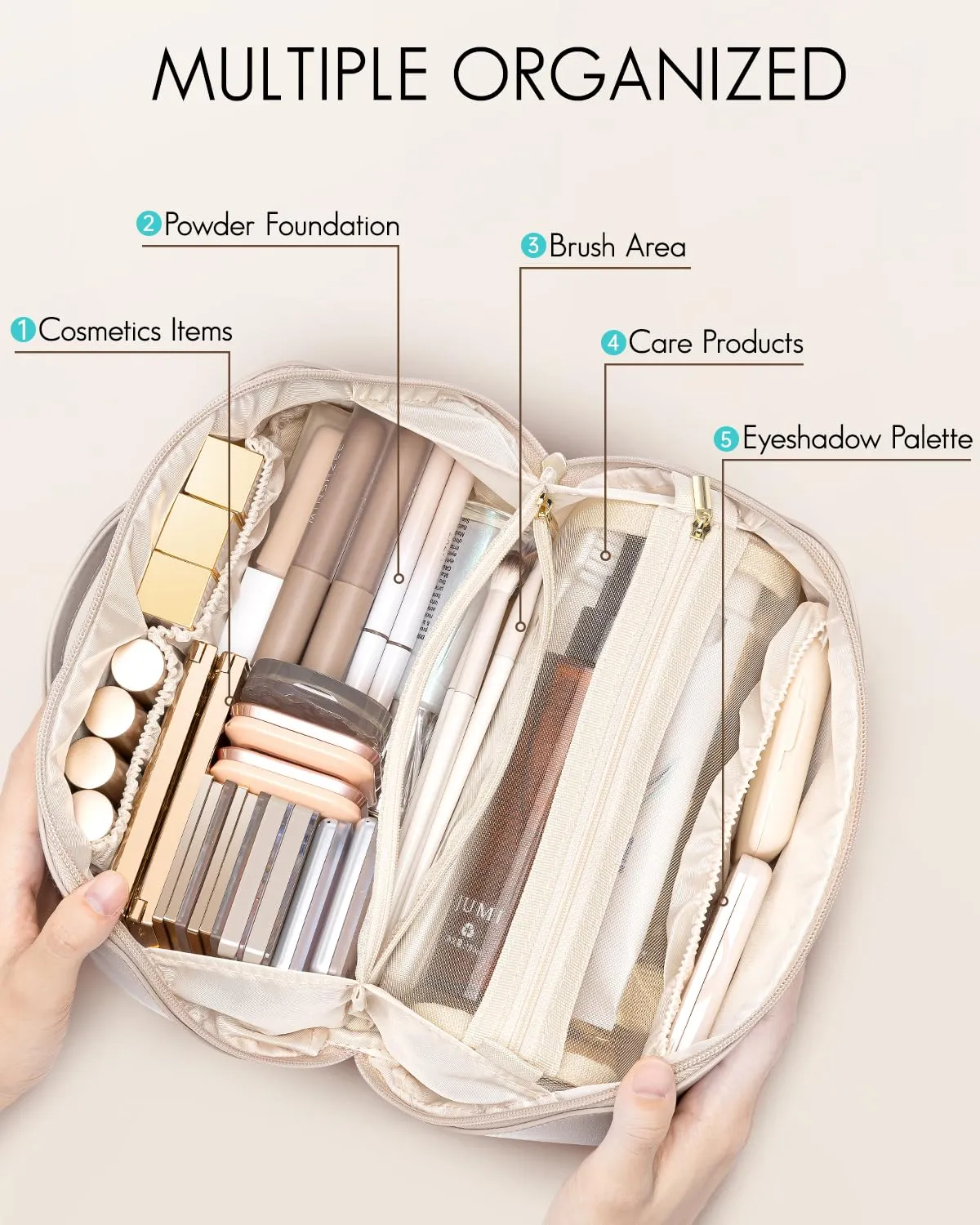 Vlando Travel Makeup Bag, Gifts for Mom Teachers,Make up Bag Travel Toiletry Bag for Women Open Flat Makeup Organizer with Divider and Handle-White
