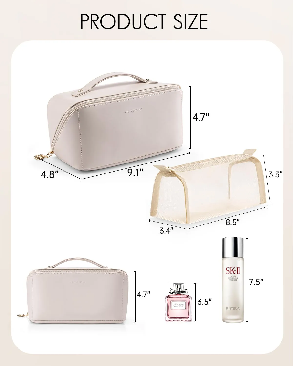 Vlando Travel Makeup Bag, Gifts for Mom Teachers,Make up Bag Travel Toiletry Bag for Women Open Flat Makeup Organizer with Divider and Handle-White