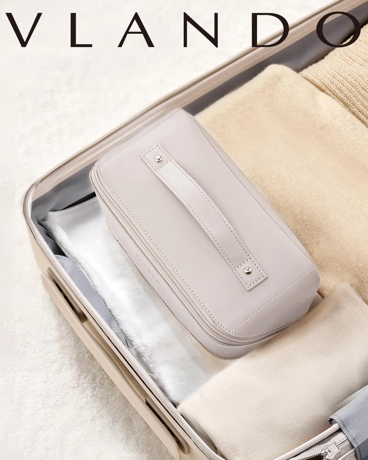 Vlando Travel Makeup Bag, Gifts for Mom Teachers,Make up Bag Travel Toiletry Bag for Women Open Flat Makeup Organizer with Divider and Handle-White