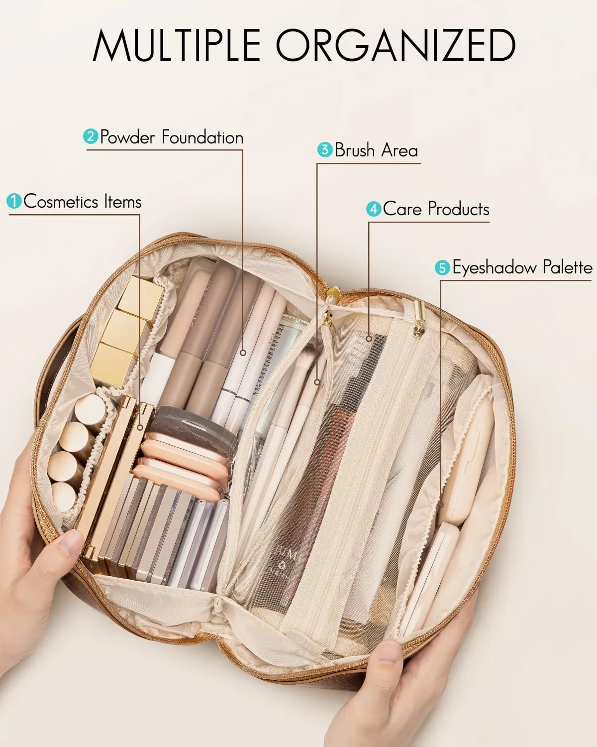 Vlando Travel Makeup Bag,Teacher Appreciation Gifts,Brown Leather Make up Bagr for Women,Makeup Brushes Bag with Divider and Handle,Gifts for Mom Women Traveler
