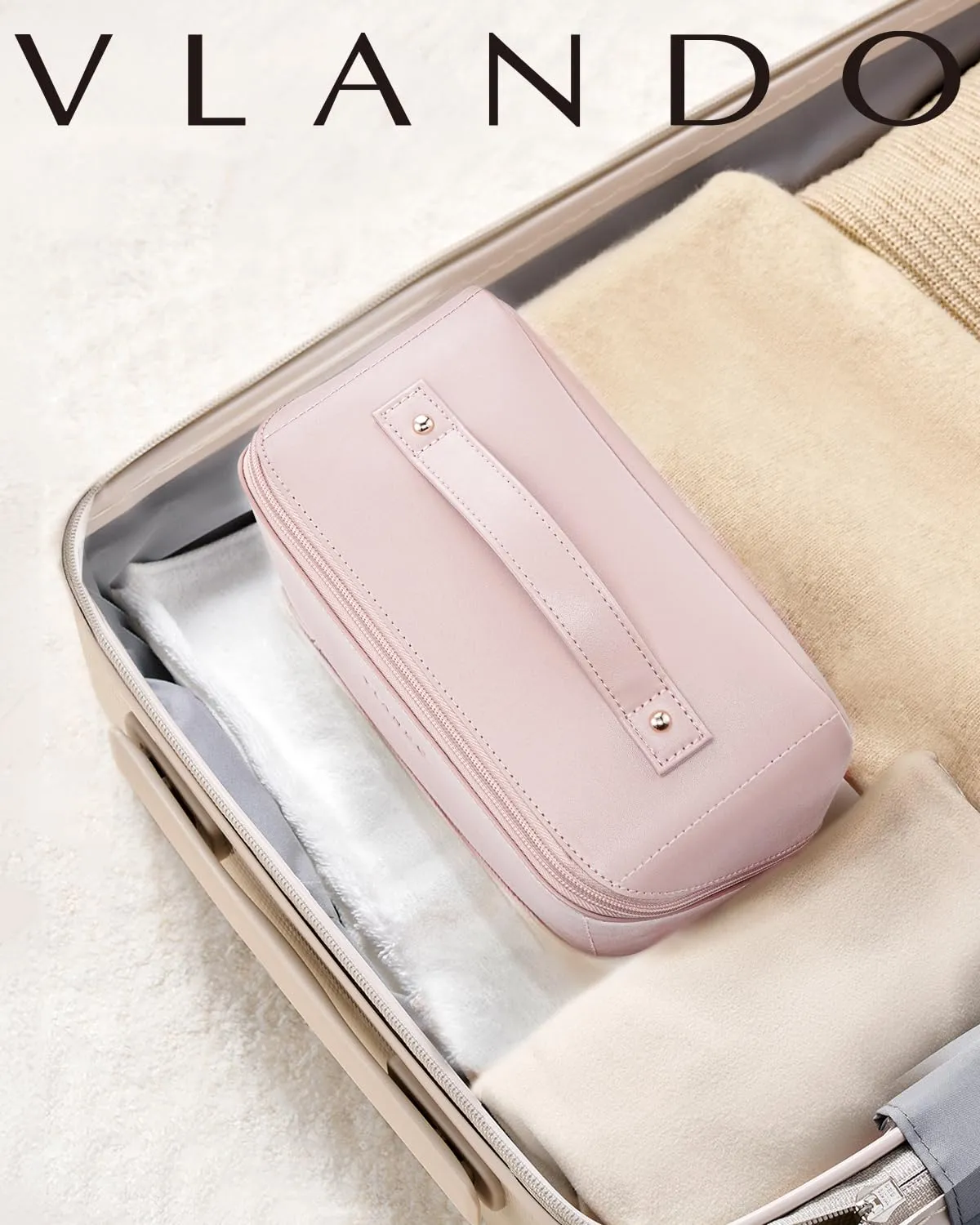 Vlando Travel Makeup Bag,Toiletry Bag for Women Waterproof Portable Makeup Organizer Bag with Divider and Handle for Travel Essentials,Gifts for Her-Pink