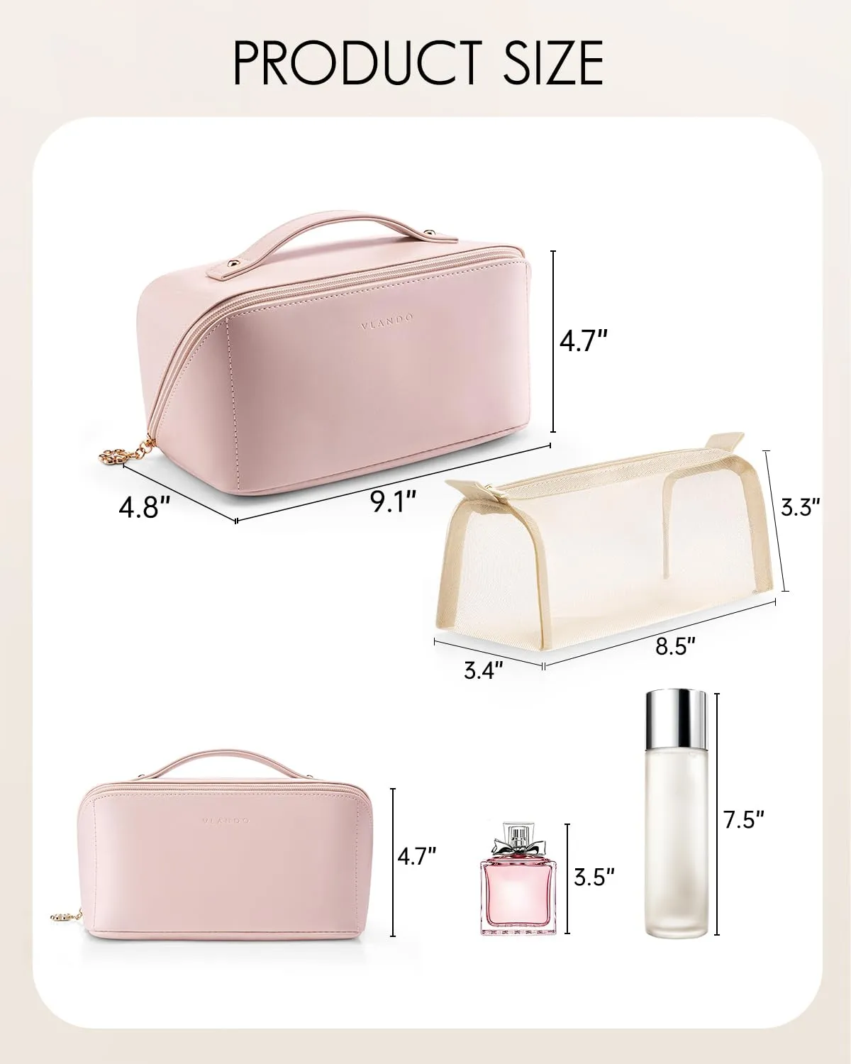Vlando Travel Makeup Bag,Toiletry Bag for Women Waterproof Portable Makeup Organizer Bag with Divider and Handle for Travel Essentials,Gifts for Her-Pink