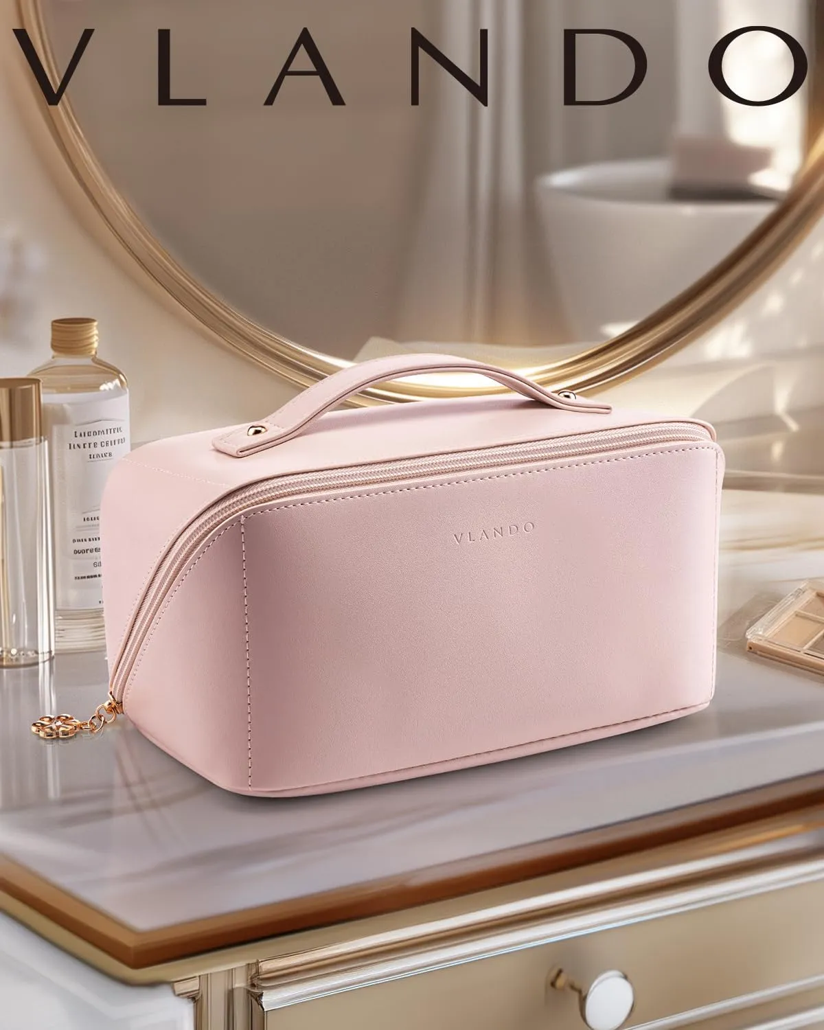 Vlando Travel Makeup Bag,Toiletry Bag for Women Waterproof Portable Makeup Organizer Bag with Divider and Handle for Travel Essentials,Gifts for Her-Pink