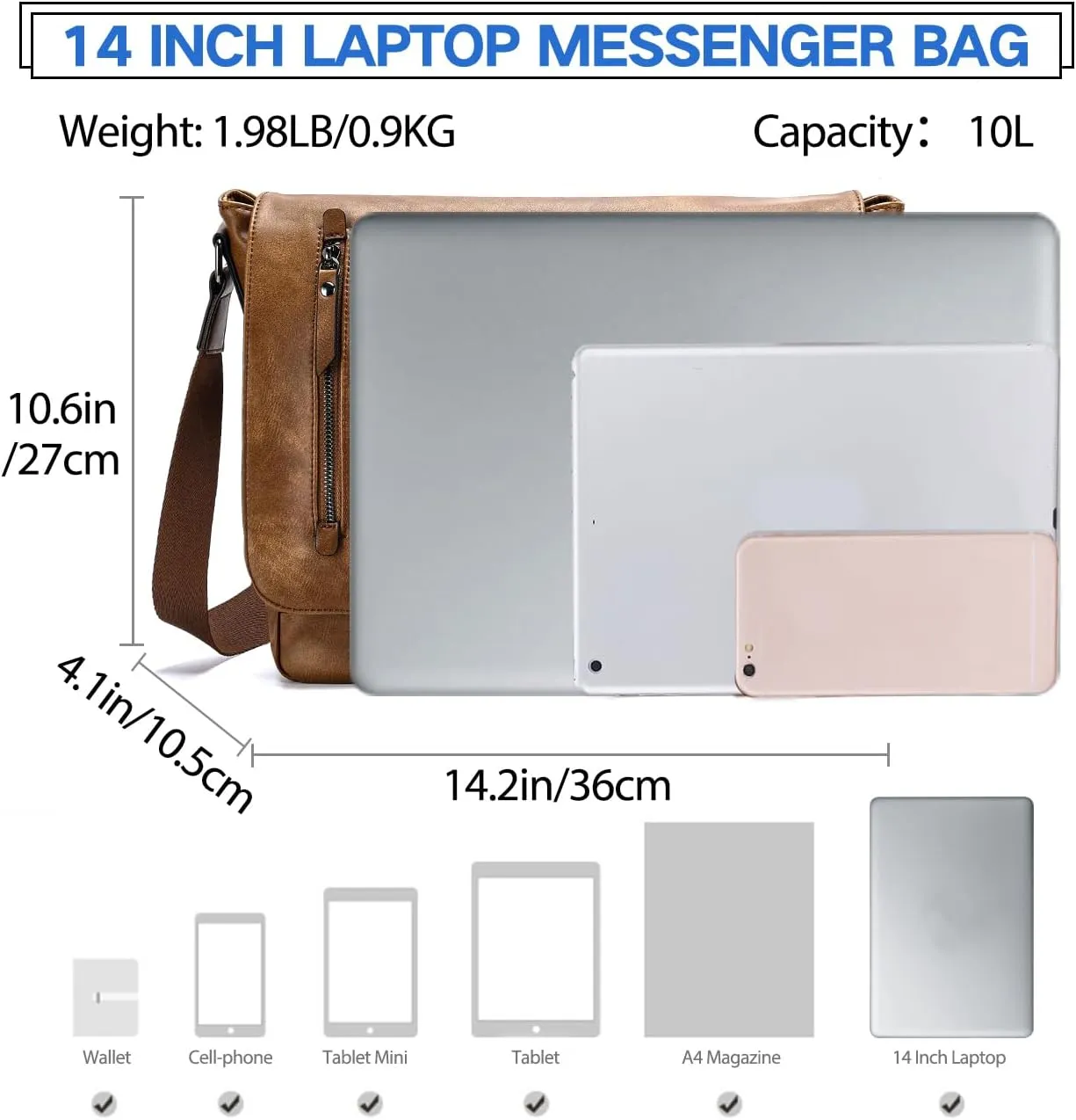 VX VONXURY Messenger Bag for Men, 14 Inch Laptop for Women,Small Canvas Leather Shoulder Bag for Work Bussiness