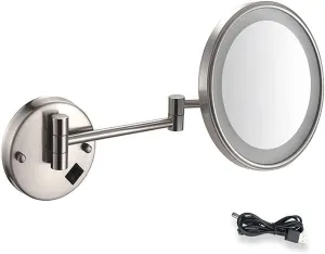 Wall Mounted Mirrors Makeup Shaving Mirror USB Rechargeable Bathroom Mirror for Hotel Vanity with Adjustable Extendable(Nickel Brushed)