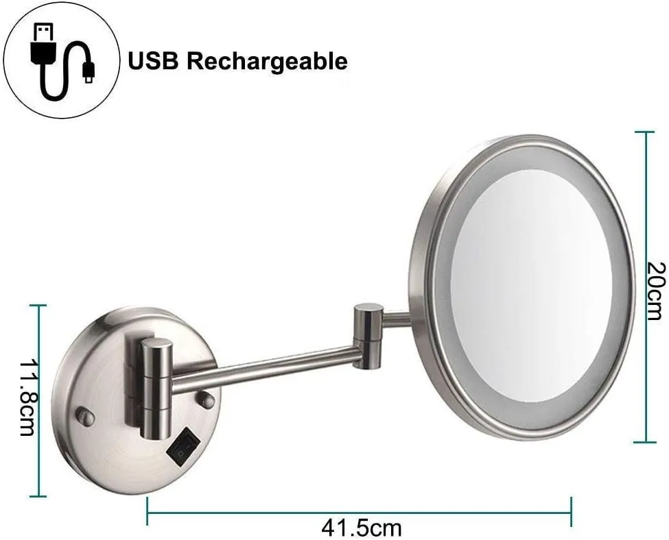 Wall Mounted Mirrors Makeup Shaving Mirror USB Rechargeable Bathroom Mirror for Hotel Vanity with Adjustable Extendable(Nickel Brushed)