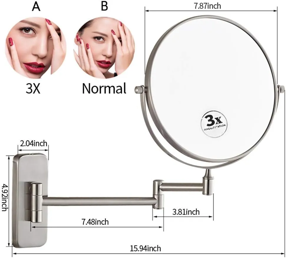 Wall Mounted Nickel Magnifying Sturdy Double Sided Adjustable Cosmetic Shaving Makeup Extendable Swivel(3X)